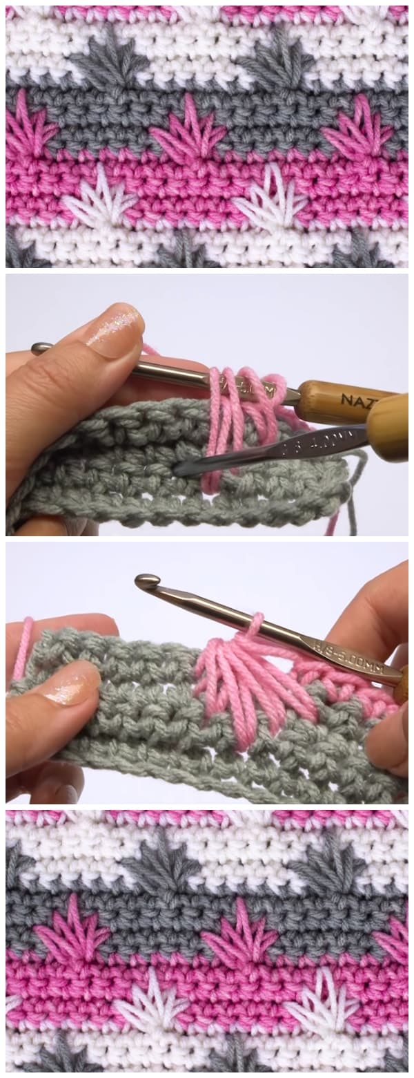 This is a crochet spike stitch that you make into clusters. It's a very simple pattern consisting of single crochet stitches and elongated stitches; the only trick is knowing where to put the spike stitches.
