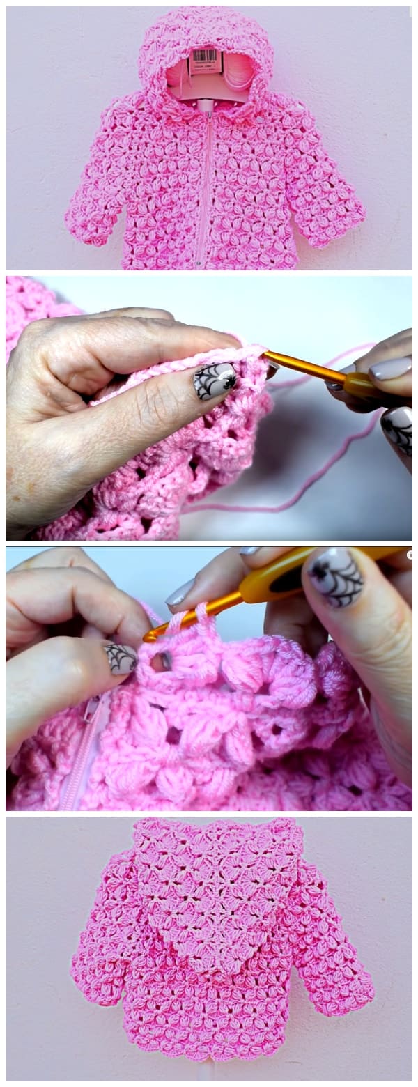 Here is crochet hook pattern, I leave the tutorial on how to put a hood and neck in the pink jacket. You can also adapt it to any coat or sweater. I hope you like it. Enjoy, guys !