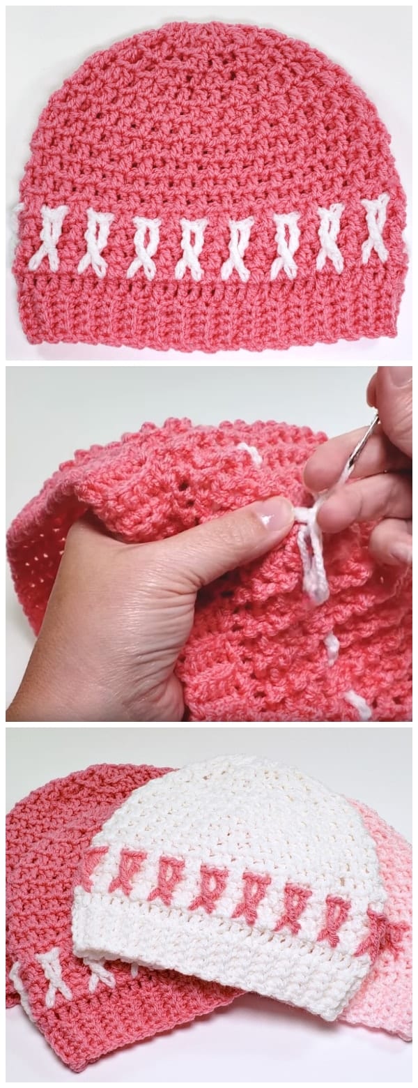 The Awareness Ribbon Crochet Hat Pattern is available in 4 sizes, child, adult small (teen), adult medium (woman) and adult large. You may substitute a slip stitch to join and chain 5 for the first standing triple treble stitch. Enjoy, guys !