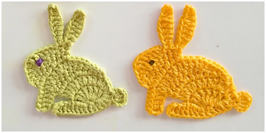 Small Crochet bunny rabbit applique motif, for home decoration or for children’s items. Only takes a small amount of left-over yarn. The bunny in the photos is 9 cm (3½ in) high. Enjoy !