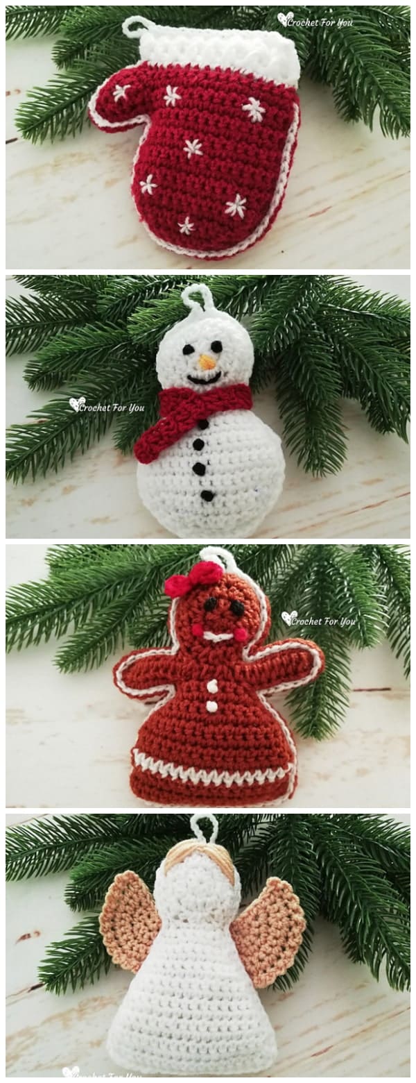 Your holiday decor will look oh-so-cozy with these easy Crochet Christmas Hanging Ornaments. These are wonderful Christmas decorations: a Gingerbread Girl, Santa, Mittens, Snowman and Angel. Happy Christmas !