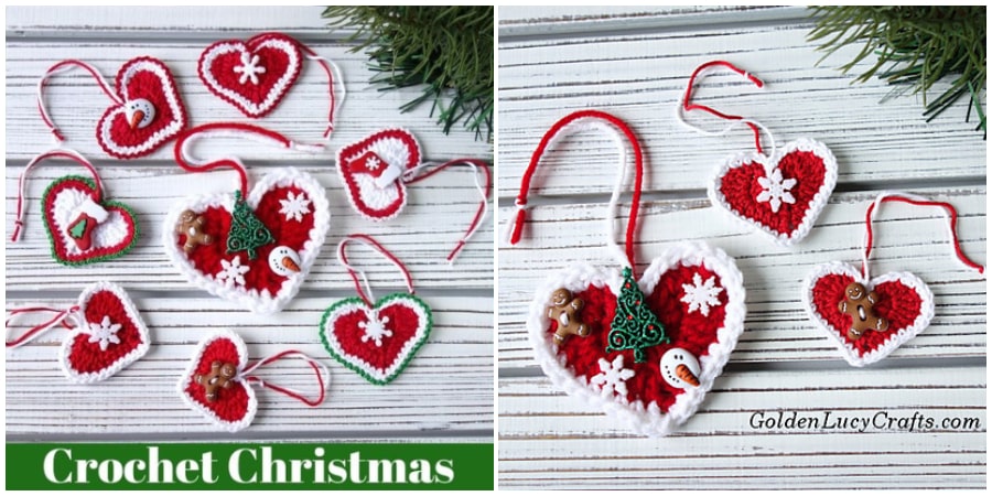 Here is Crochet Heart Ornament for Christmas! Make them for your tree, to decorate packages or to hang in other places. Make them for those you love. Color choices are up to you'we just love the Red Hearts. Happy Christmas !