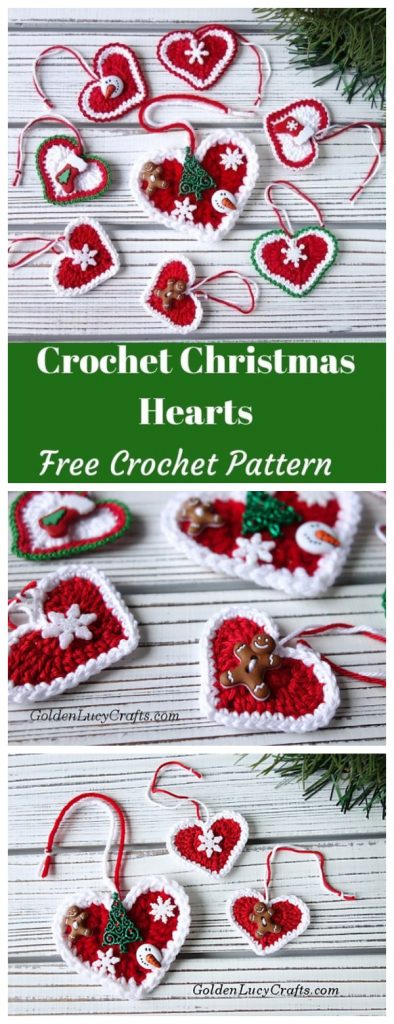 Here is Crochet Heart Ornament for Christmas! Make them for your tree, to decorate packages or to hang in other places. Make them for those you love. Color choices are up to you'we just love the Red Hearts. Happy Christmas !
