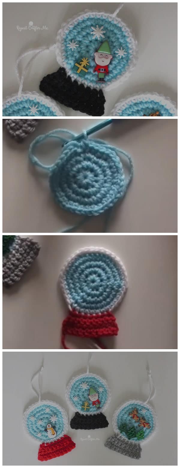 Cute and easy holiday project! Make a crochet snowglobe ornament in minutes! Add festive buttons to decorate the middle of the globes. Enjoy !