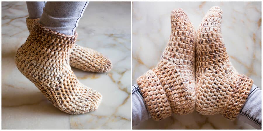 In this post you’ll be able to make quick crochet slippers to keep your feet warm in the winter. This pattern is simple and straight forward. You can make any size and It depends on you. You can make bigger sizes by using thicker yarn and a bigger crochet hook. Enjoy !