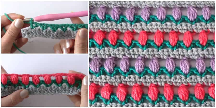 Tulips in a Row is a very easy stitch created by combining single crochet, V stitch, and puff stitch. You will need 3 different colours of yarn. This effective stitch is very quick to make and can be used for a lot of different projects. The main pattern repeat is a multiple of 3. This beautiful crochet stitch is very appealing and can be used in many ways to create beautiful crochet objects: from little ones like headbands to bigger ones like blankets. There is no limit to what you can do.
