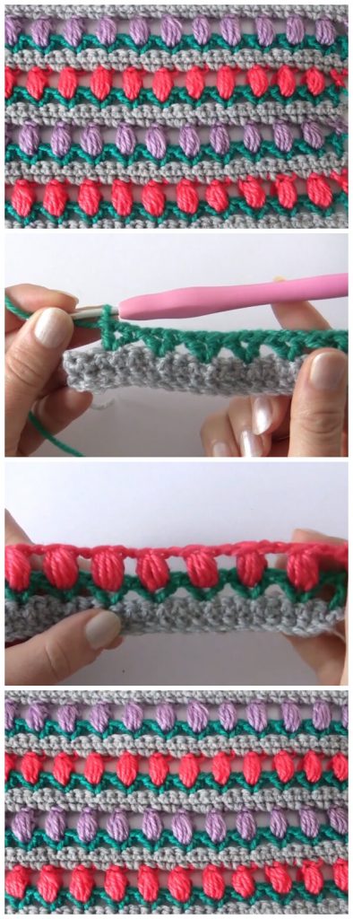 This is a very easy stitch created by combining single crochet, V stitch, and puff stitch. This effective stitch is very quick to make and can be used for a lot of different projects. The main pattern repeat is a multiple of 3. Enjoy !