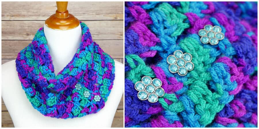 Crochet Joyful Jewels Infinity Scarf is a fun and super duper easy project. Fabulous jewel tones crocheted in a fun and easy stitch and are finished of with gem buttons for the perfect jewel tone look. Need a little extra help? There’s a full video tutorial too!
