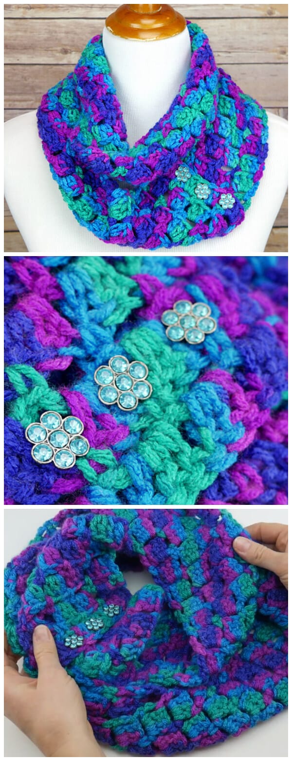 Crochet Joyful Jewels Infinity Scarf is a fun and super duper easy project. Fabulous jewel tones crocheted in a fun and easy stitch and are finished of with gem buttons for the perfect jewel tone look. Need a little extra help? There’s a full video tutorial too!