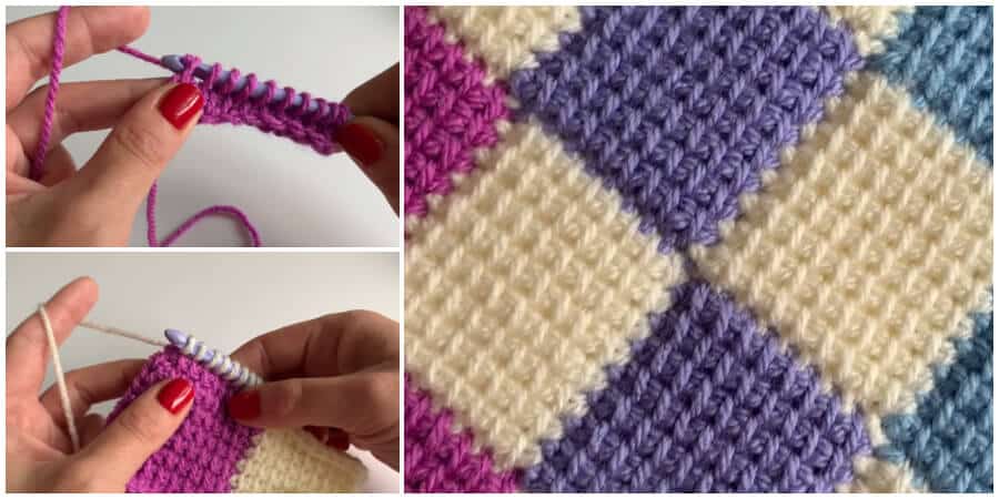 This creates a wonderful diamond pattern using the Tunisian simple stitch or TSS. Entrelac crochet can be worked row by row, creating stripes of diamonds in various colors