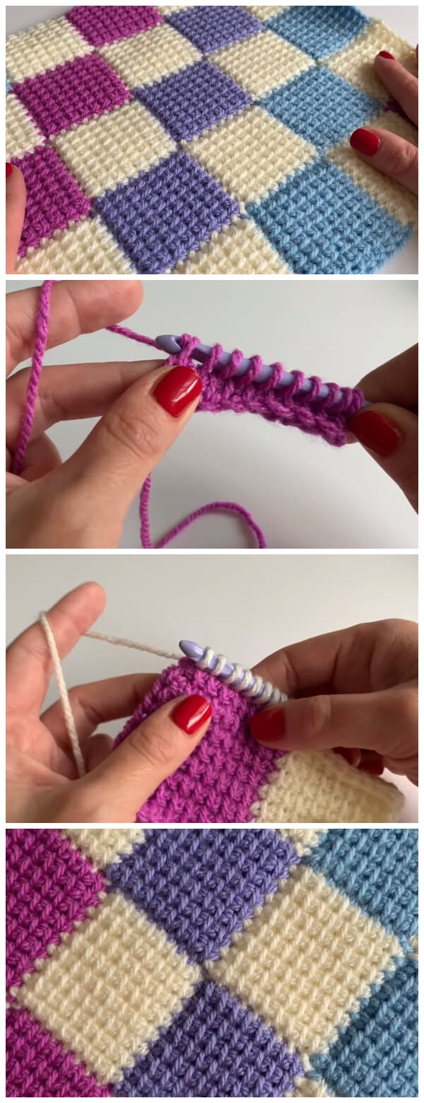 This is Tunisian entrelac crochet stitch pattern. You just use a regular crochet hook - you won't need any special Tunisian or afghan hook. This creates a wonderful diamond pattern using the Tunisian simple stitch or TSS. Enjoy !