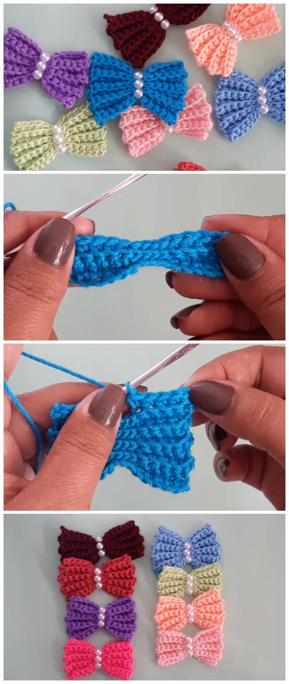 In this tutorial I show you how to crochet this super easy Crochet Bows. You can use the crochet bow to embellish hats or sweaters, make hair clips or bow ties, or as present toppers.
