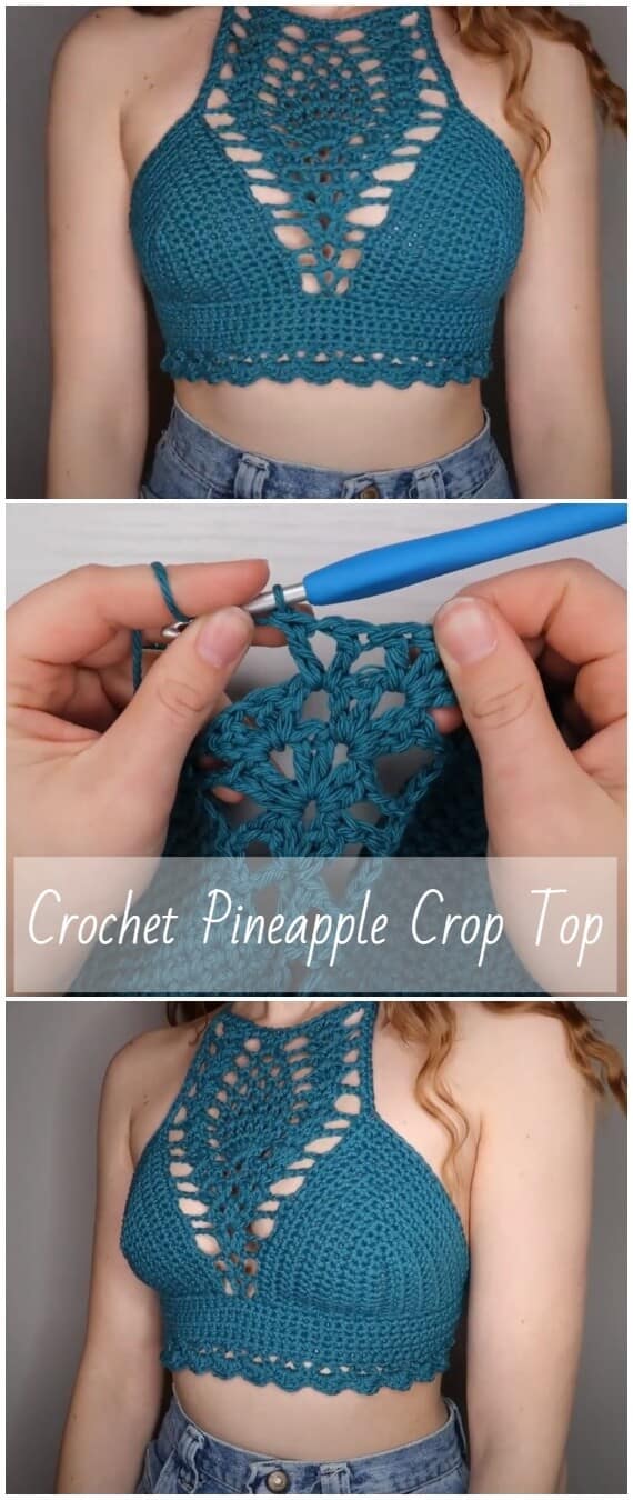 Very original Crochet Pineapple Crop Top motif and straps to tie around neck and back. It is fun to make and you will look stunning with it!