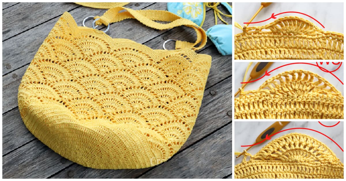 How to Crochet - This Crochet Giant Shell Stitch Beach Tote Pattern has a round base of about 15.5″ diameter and the body (including the shoulder straps) is about 25″ tall.