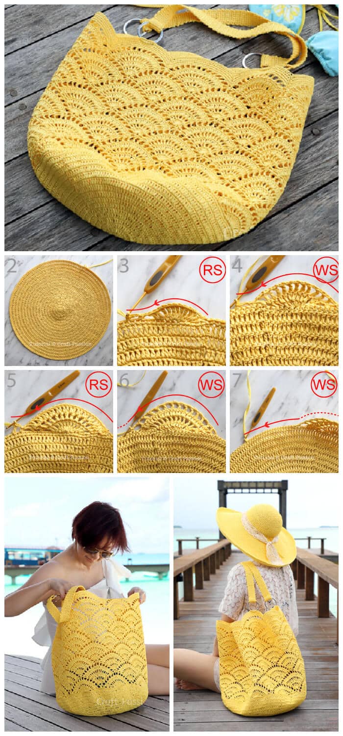 How to Crochet - This Crochet Giant Shell Stitch Beach Tote Pattern has a round base of about 15.5″ diameter and the body (including the shoulder straps) is about 25″ tall.