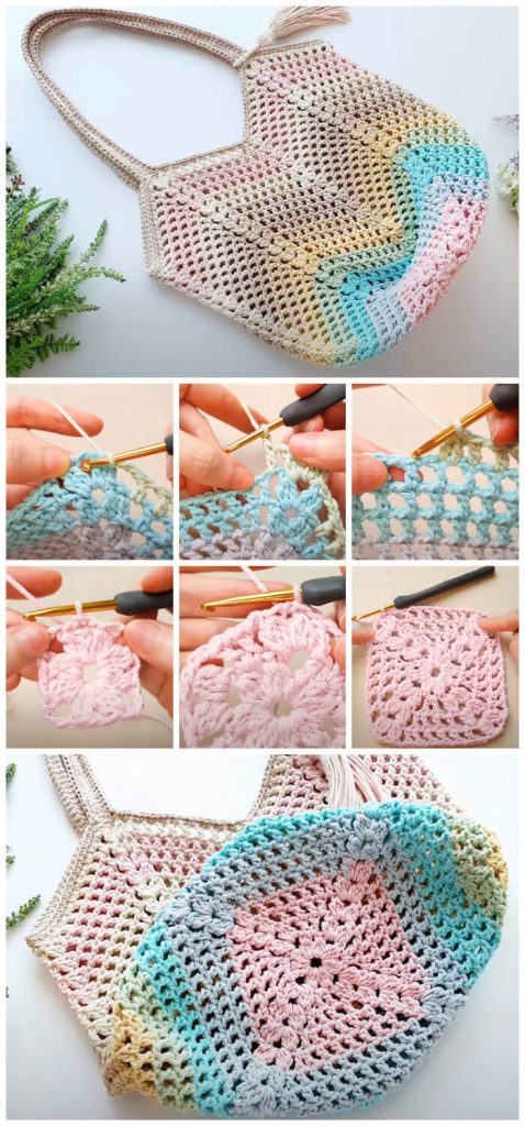 Granny Square Crochet Bag is one of the most versatile crochet patterns that exists. This bag is perfect size for rushing around and getting things done. It looks trendy and professional with its rounded shape And the granny squares adds a little fun.