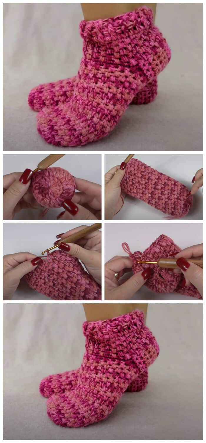 How to Crochet - This Quick and Easy Crochet Slippers patter creates a nice and stretchy pair of slippers that are perfect for kids and adults alike. If your feet are always cold, this is a project you want to try.