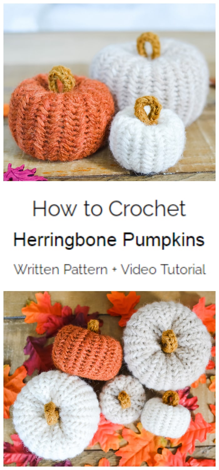 Today we are going to learn How to Crochet Herringbone Pumpkins. This pattern is an easy way to add a trendy look to your fall home decor. A flat panel of herringbone stitches are transformed into a cute pumpkin decoration. I can tell you they work up quickly and they’re just so adorable. Plus they make for the perfect little fall accent piece that you can just use anywhere in your home decor.