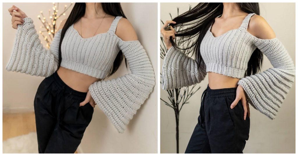 This Easy Crochet Bell Sleeve Crop Top is a beaut for date night or festivals. Either way enjoy your time in this whimsical bell sleeve top. Crochet crop tops are always in trend. It is my favorite kind of crochet projects. Remember that each Crochet Crop Top Patterns can be crocheted to a longer length and transformed to a halter top or sleeveless top. If you want to be prepared for cold days, you better start making yourself some cute crochet tops!