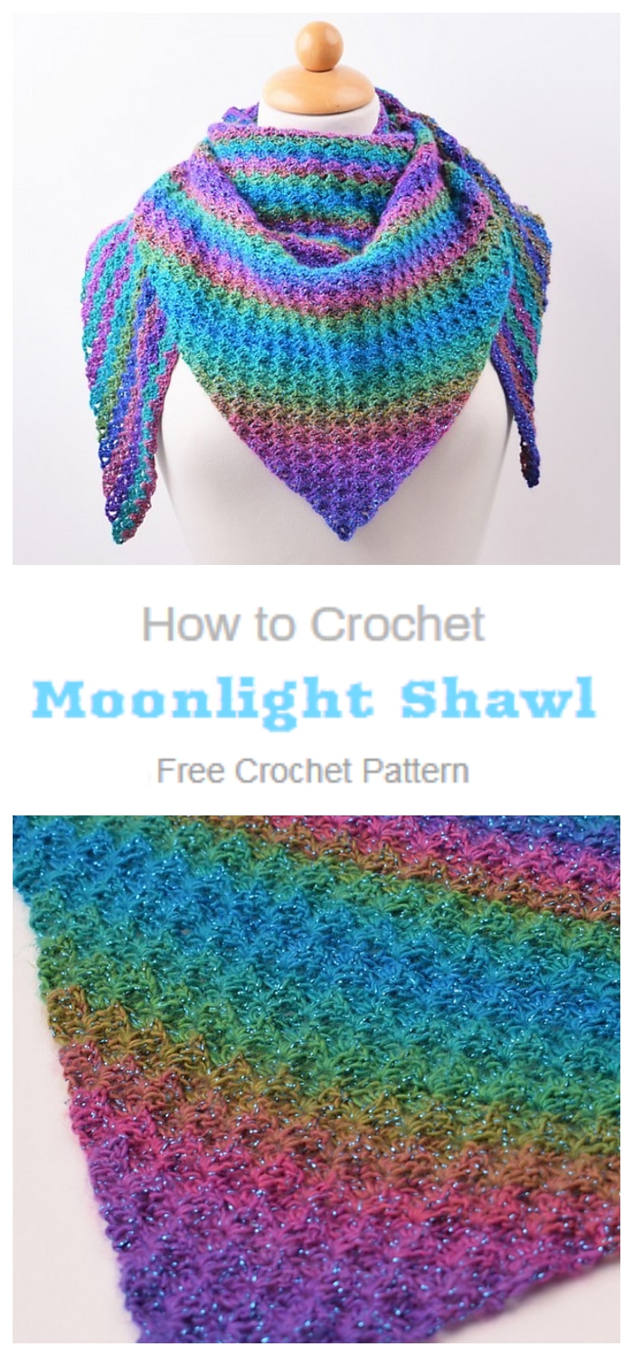 We are going to learn How to Crochet Colourful Moonlight Shawl. The shawl is crocheted in colourful Moonlight yarn which comes in 4 amazing colour combinaions. Pick your favourite and put some colours on the oncoming winter. This free crochet Moonlight Shawl pattern works up quickly and makes perfect gifts or just to treat yourself to a lovely scarf.