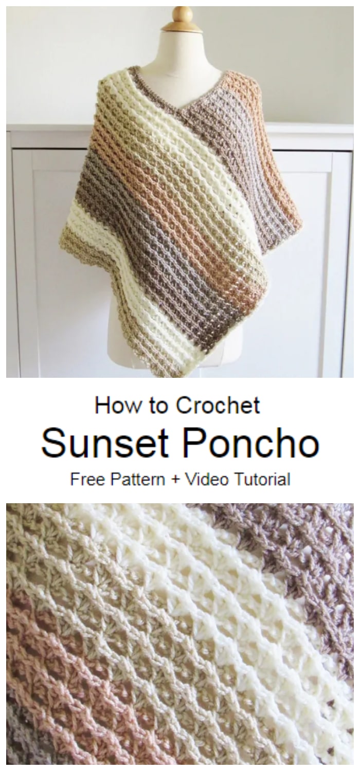 We are going to learn How to Crochet Sunset Poncho Pattern with Video. This pattern for a crochet poncho is designed using the gorgeous Caron Cakes yarn. Below You can watch video and learn how to work the beautiful stitch. If you’re looking through free crochet poncho patterns, then this one is going to jump out at you. For one thing, it comes in sizes. 