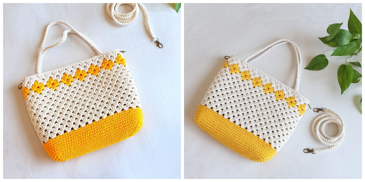 The small size of this DIY Crochet Mini Tote Bag will make it easy to carry and useful for many situations. It is slightly smaller than a typical plastic grocery bag, and is the perfect bag for holding things like produce or library books.