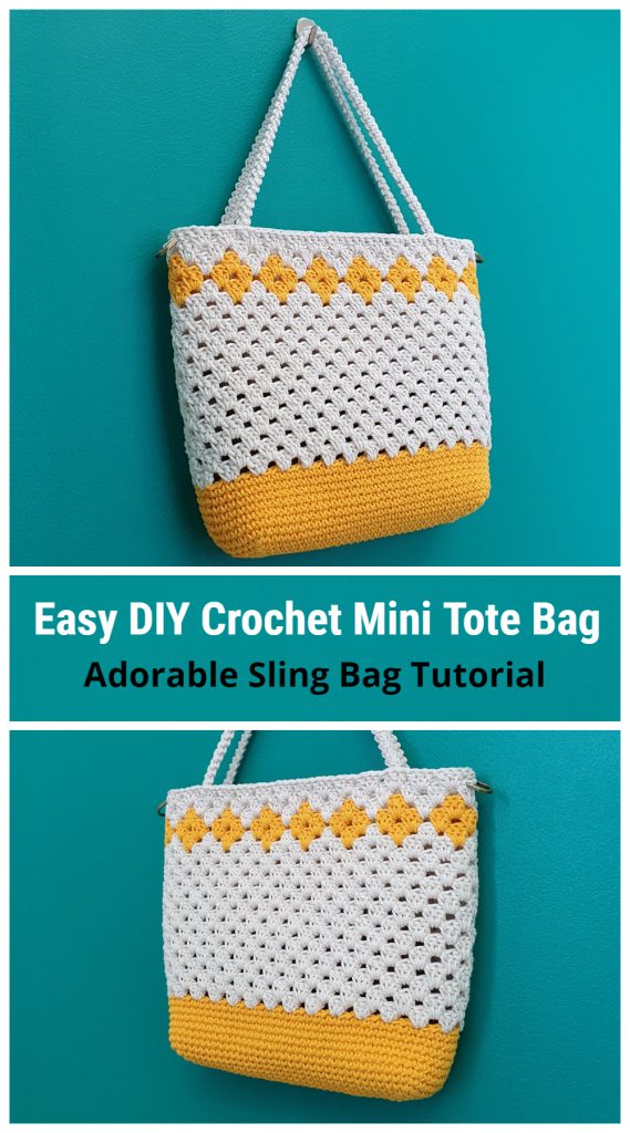 The small size of this DIY Crochet Mini Tote Bag will make it easy to carry and useful for many situations. It is slightly smaller than a typical plastic grocery bag, and is the perfect bag for holding things like produce or library books.
