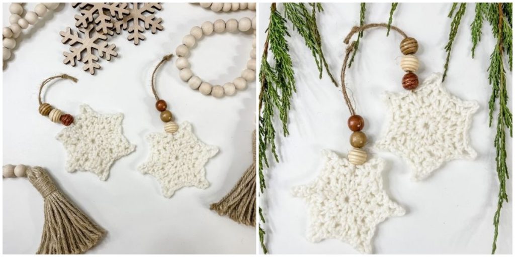 What tree is complete without a few snowflake ornaments! Crochet this quick and easy snowflake ornament pattern and adorn your tree with lovely snowflakes. Also can be used as a Christmas present topper.