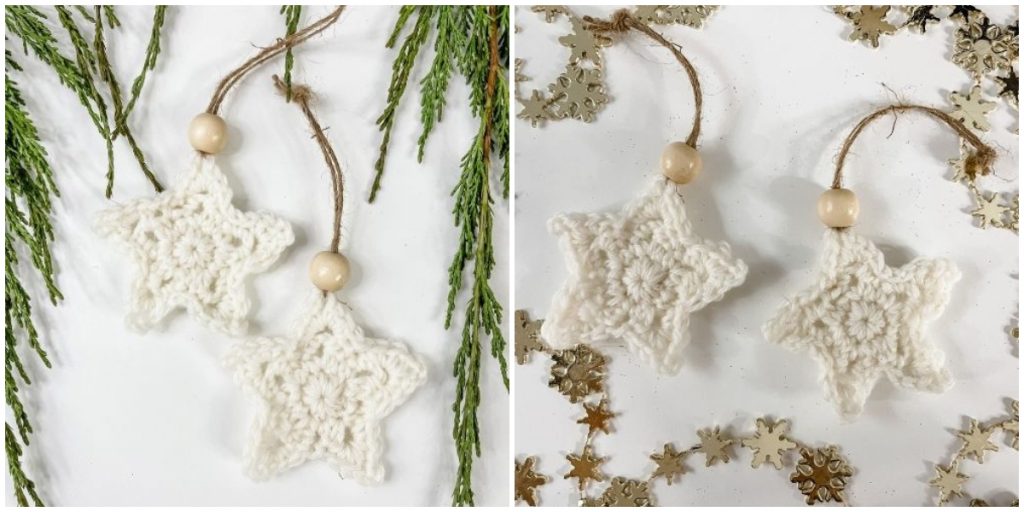 Decorate your tree with these simple and elegant star ornaments. These cute little stars work up quickly and are easy to make. Hang with twine and a bead for a rustic touch. Also can be used as a Christmas present topper.