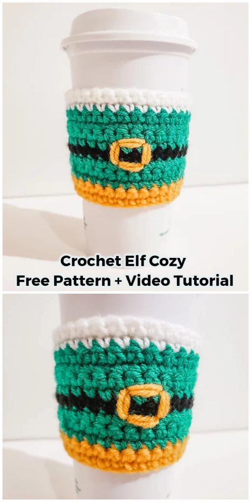 This Crochet Elf Cozy is crocheted in rows to create a flat rectangle. The edges are seamed together using a tapestry needle and the buckle embellishment is added using a tapestry needle. The finished coffee sleeve measures approximately 4 inches tall by 4 inches wide when lying flat.