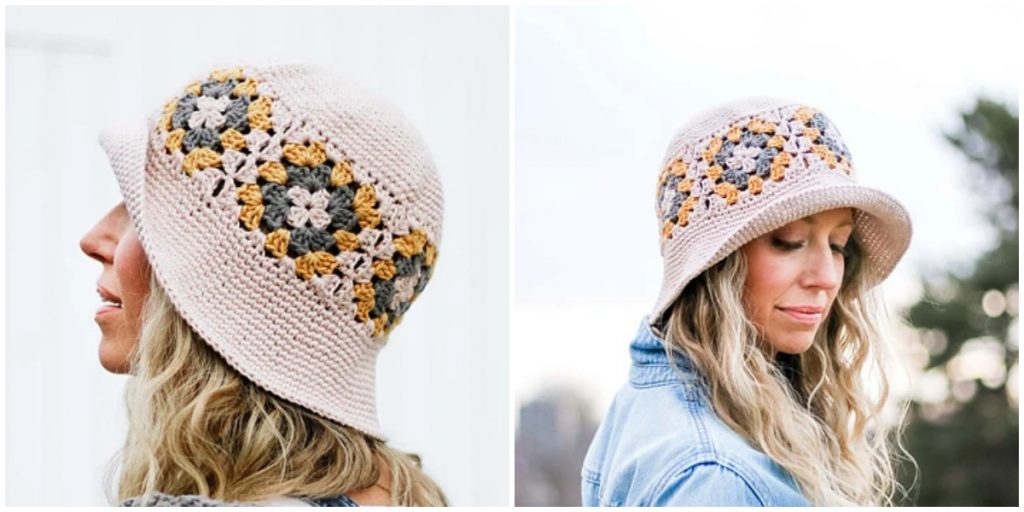 In this pattern, you’ll get to practice crocheting a traditional granny square motif, join as you go crochet techniques to seam the squares and then some simple increasing to make the top and brim of the bucket hat.