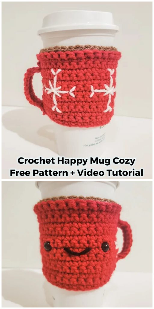 Each crochet mug cozy consists of the base, which is crocheted in rows to create a flat rectangle. The cozy is seamed together using a tapestry needle. The mug handle embellishment as well as the face and snowflakes are added using a tapestry needle. The completed mug cozy measures approximately 4 inches tall by 4 inches wide when lying flat.