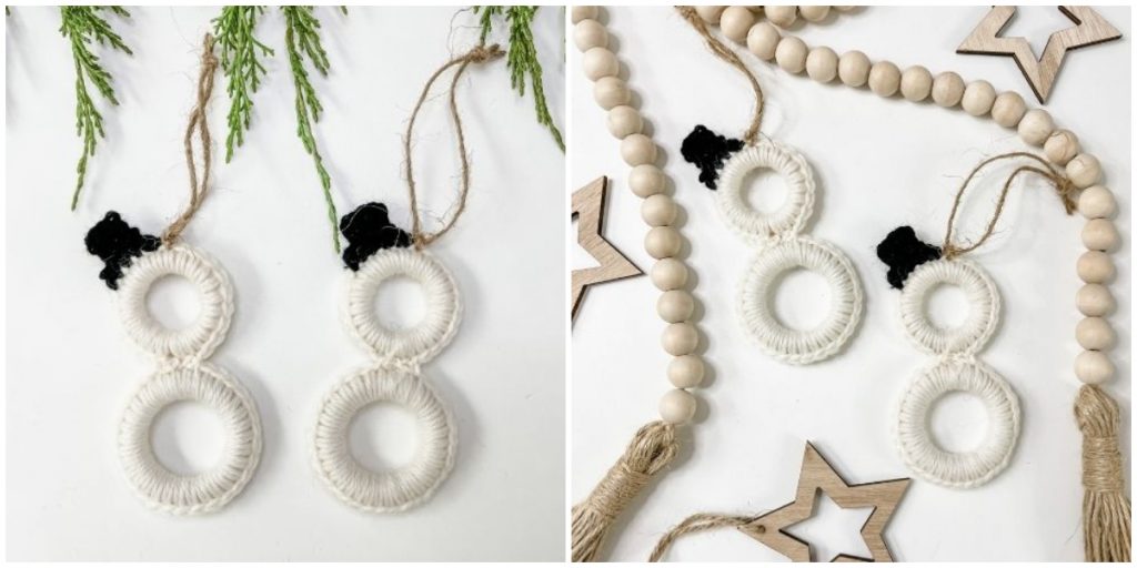 This adorable mini ring snowman ornament is made by crocheting around wooden rings. It’s a simple and elegant design. Top your snowman off with a little top hat and add some string for hanging on the Christmas Tree.