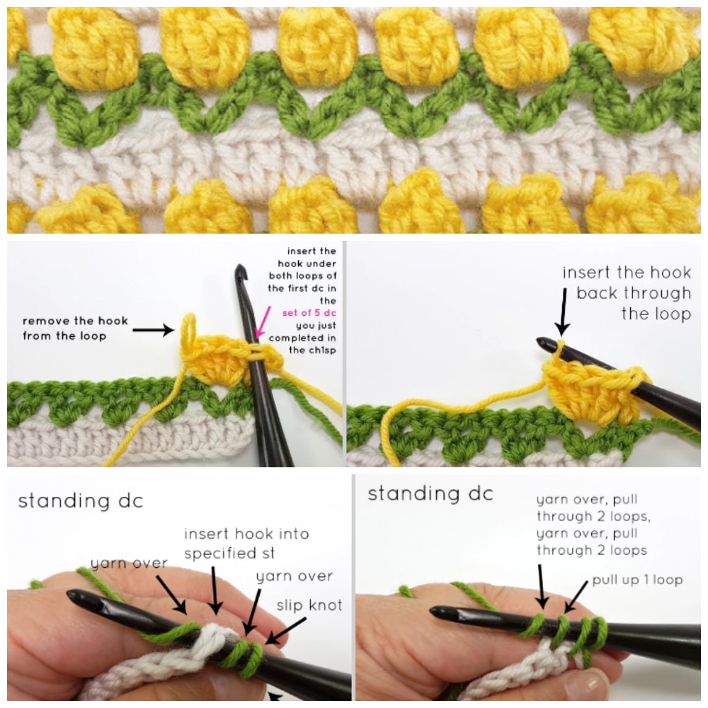 The popcorn stitch we use in this pattern is made up of 5 dc. Crochet 5 dc stitches into the specified stitch. Remove your hook from the loop left on it from the last dc you made and insert your hook under the top of the first dc stitch you made (under both the front and back loops). Now insert the hook back through the loop from the last dc (the loop you took off your hook). Pull that loop through the first dc to complete the popcorn stitch.