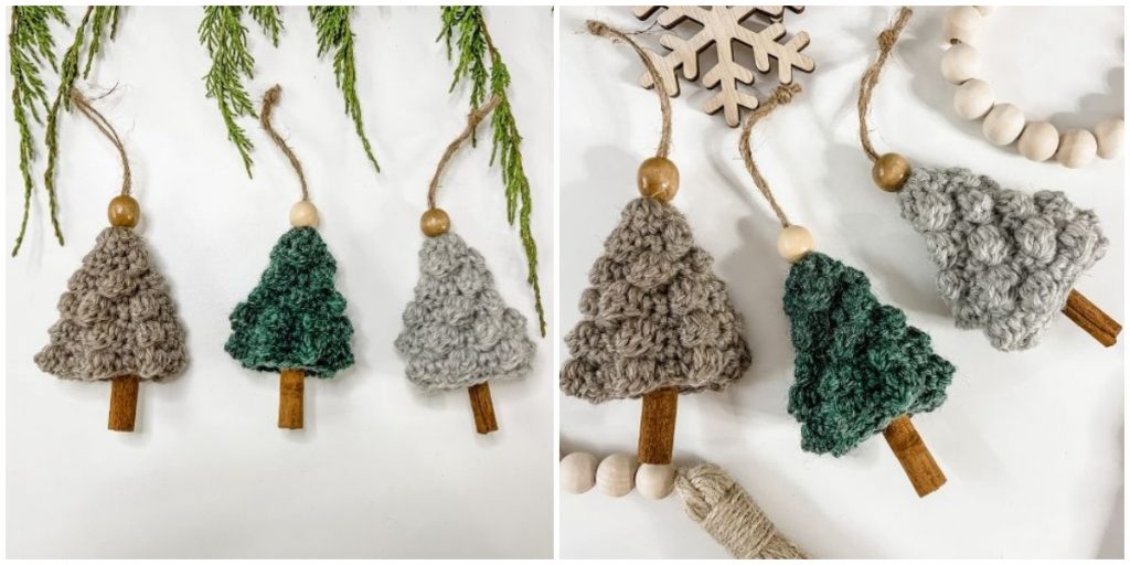 Make these adorable Mini Bobble Trees. Use a cinnamon stick for a fragrant and festive aroma. Top with a wooden bead and hang with twine for a rustic Farmhouse decoration. Hang on the Christmas Tree or use it as a present topper.
