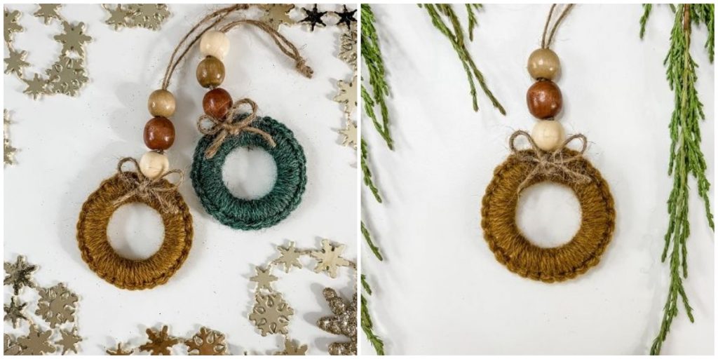 This adorable Mini Ring Wreath ornament is made by crocheting around wooden rings. It’s a simple and elegant design. Top your wreath off with a little twine bow and add a few wooden beads on twine for hanging on the Christmas Tree.