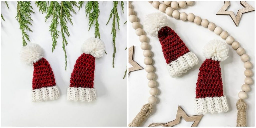 Nothing says Christmas like a Santa Hat! This adorable mini Santa hat ornament works up quickly and will add a pop of colour to your Christmas tree. Top with a fluffy mini pompom. Also can be used as a Christmas present topper.