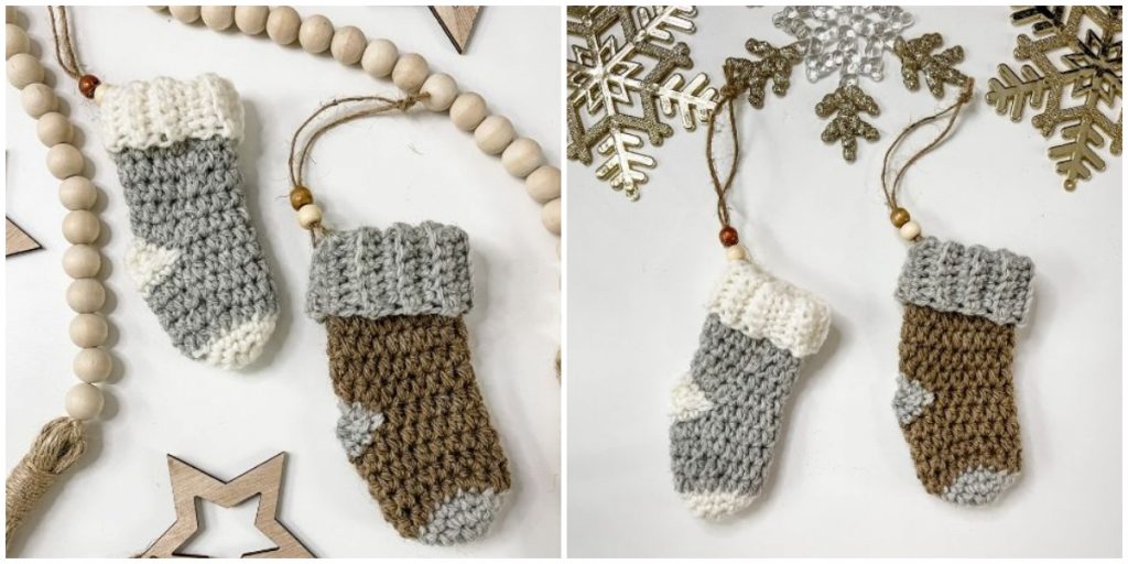Crochet this cute Mini Simple Stocking Ornament for your Christmas Tree or present topper. The mini stocking is worked from the toe-up, finishing with a folded-over join-as-you-go band. The heel is completed at the end of the pattern. Finish by hanging with twine and wooden beads.