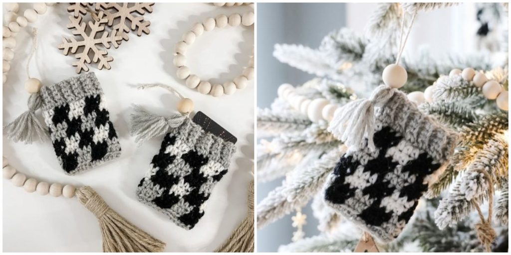Plaid Crochet is a fun and easy technique. Crochet this cute Plaid Gift Card Cozy for your Christmas Tree or use it as a present topper. The plaid cozy is worked from the top-down, finishing with a mini tassel and bead.