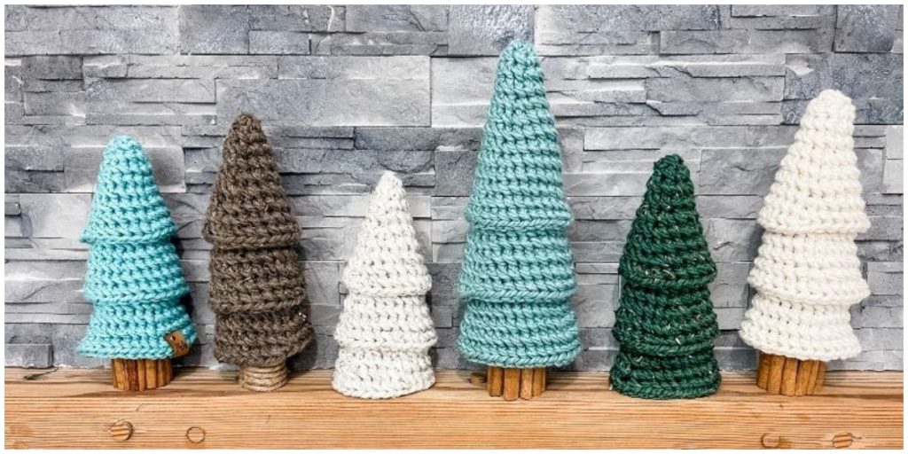 Crochet these Rustic Farmhouse Tiered Trees for your Holiday decor. The pattern works up quickly in super bulky weight yarn. Cinnamon Stick tree base provides a delightful and festive aroma. It makes the perfect gift or item to sell at markets. Easily crochet a whole set in a day.