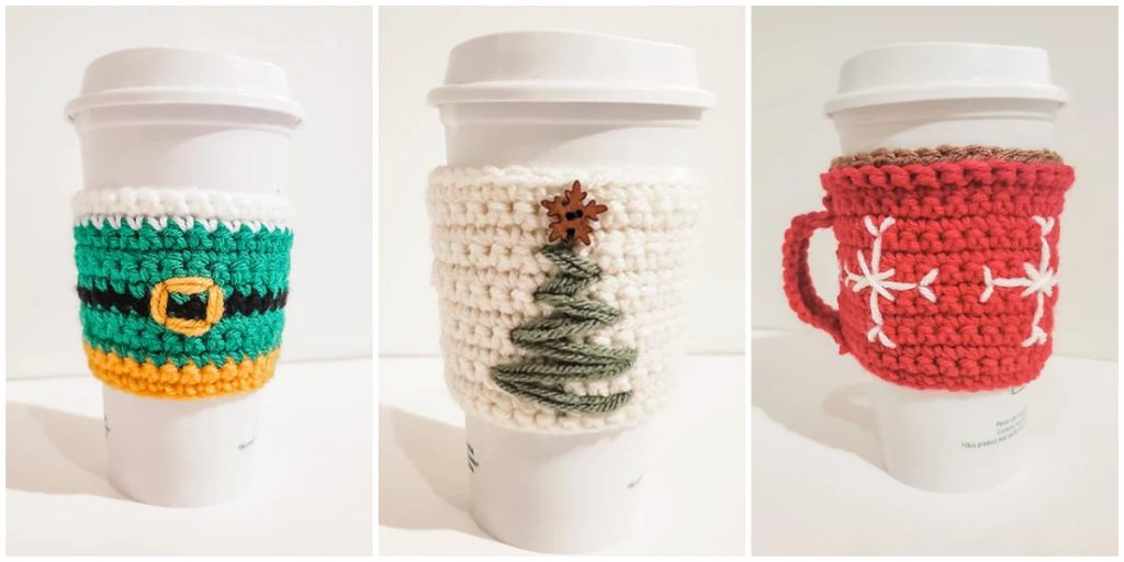 Looking for a quick crochet project that makes a great gift all year round? Crochet Cup Cozy Christmas Patterns are simple to make and great for coffee cups and take-out drink cups. 