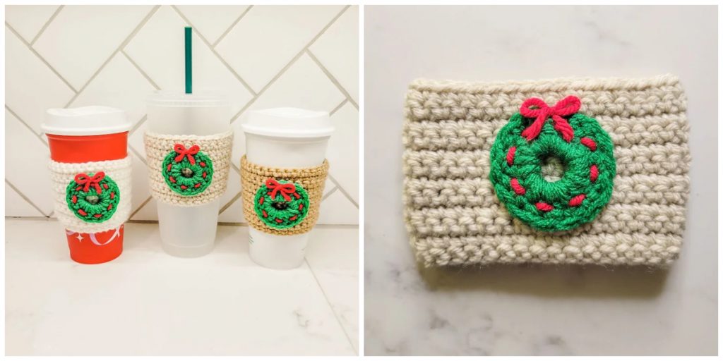 Looking for a quick crochet project that makes a great gift all year round? Crochet Christmas Wreath Cozy Pattern is simple to make and great for coffee cups and take-out drink cups.