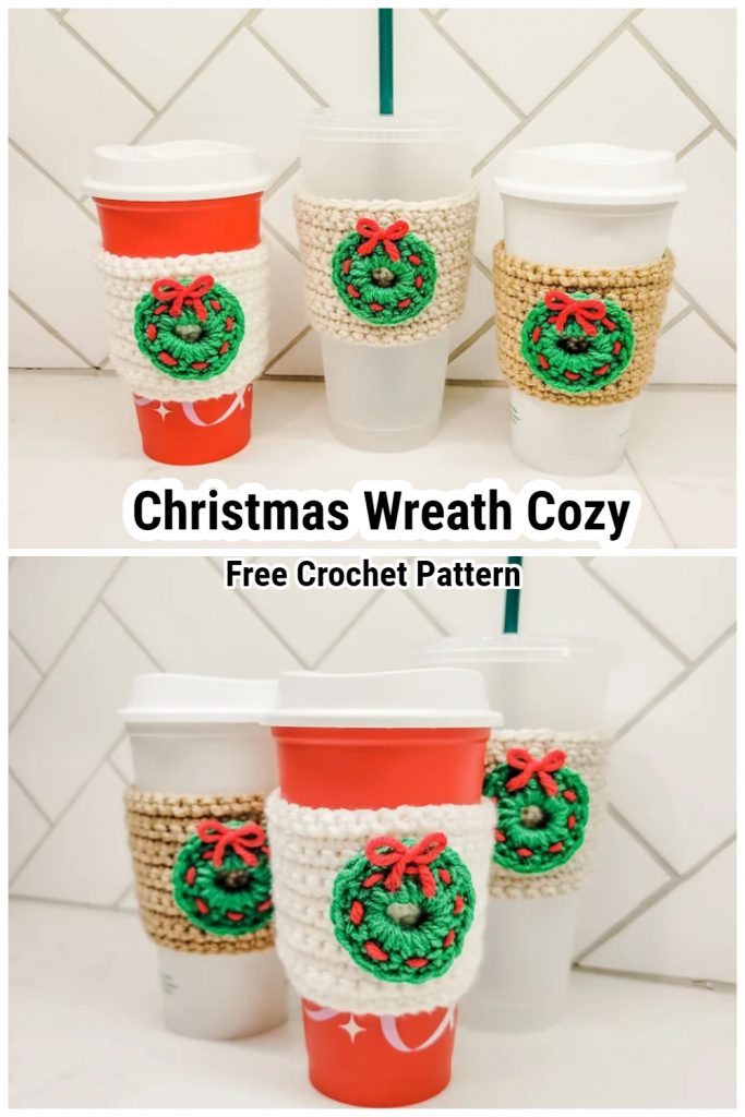 The coffee cozy portion works up quickly using only the single crochet stitch, which makes it perfect for beginners and a really great crochet Christmas gift idea.
