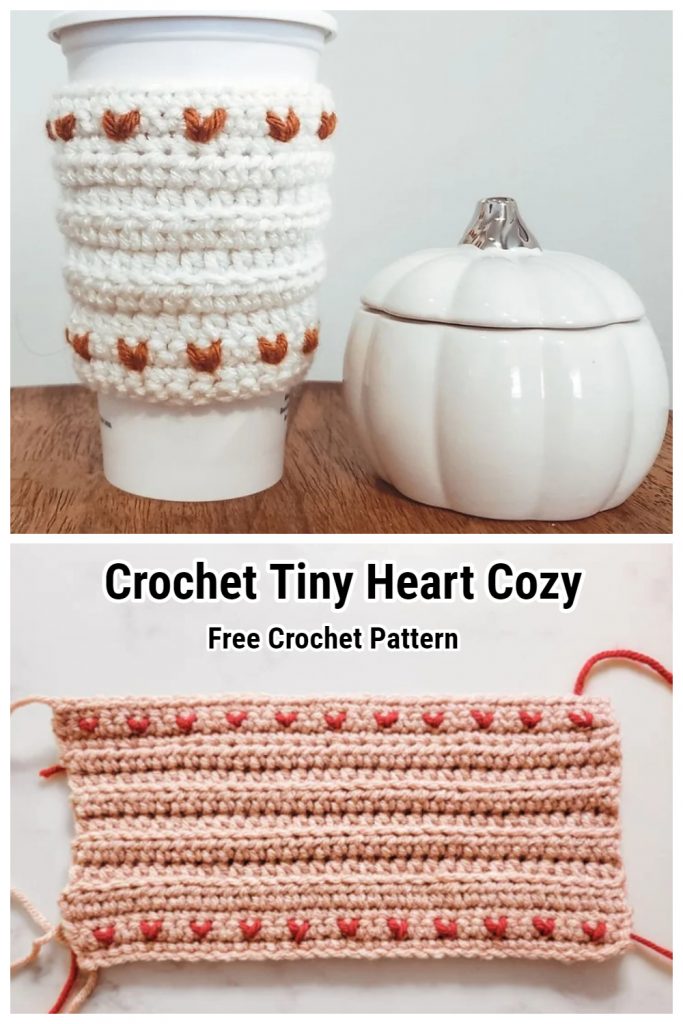 The Crochet Tiny Heart Cozy is a beginner friendly free crochet pattern that makes an excellent Valentine's Day gift idea! This textured coffee sleeve looks amazing in any yarn colors.