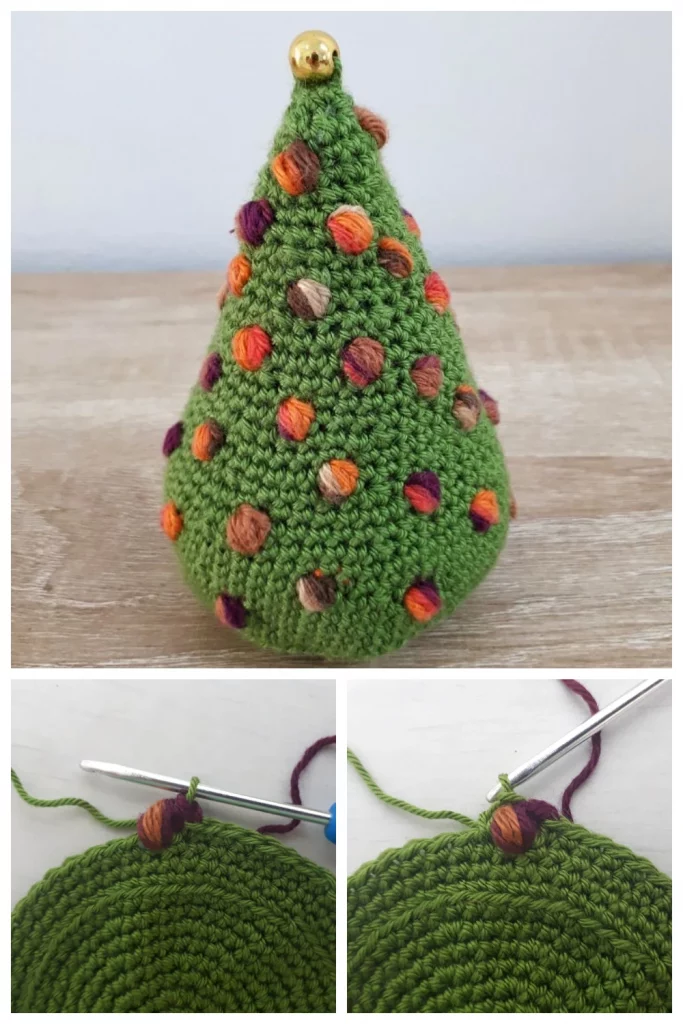 The crochet tree is worked using the Amigurumi technique from the bottom up with no sewing. The little bobble decorations are made using the puff stitch to create a tiny version of the bobble stitch.