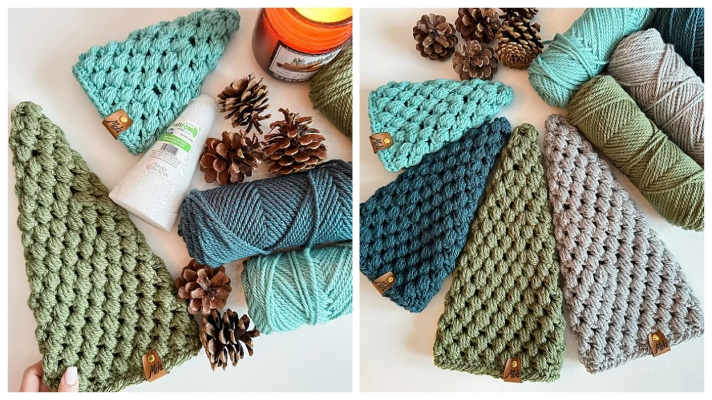 Decorate for the Holiday Season with Festive Puff Stitch Christmas Trees. Crochet Trees are a quick and fun crochet project that makes the perfect gift or item to sell at markets. 