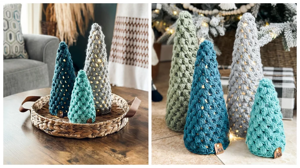 Decorate for the Holiday Season with Festive Puff Stitch Christmas Trees. Crochet Trees are a quick and fun crochet project that makes the perfect gift or item to sell at markets. 