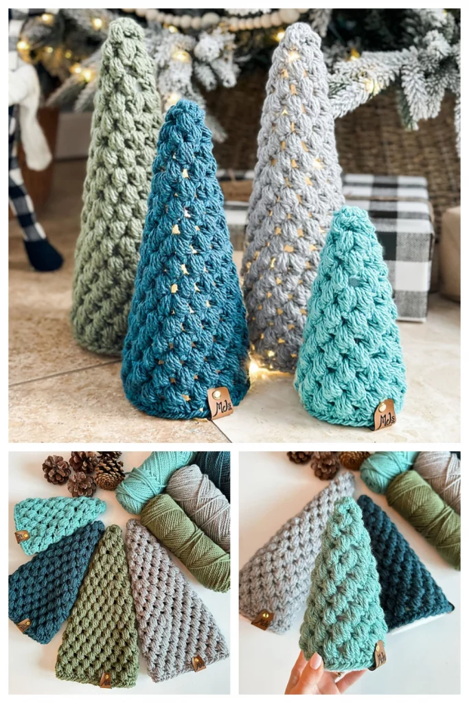 Decorate for the Holiday Season with Festive Puff Stitch Christmas Trees. Crochet Trees are a quick and fun crochet project that makes the perfect gift or item to sell at markets. 