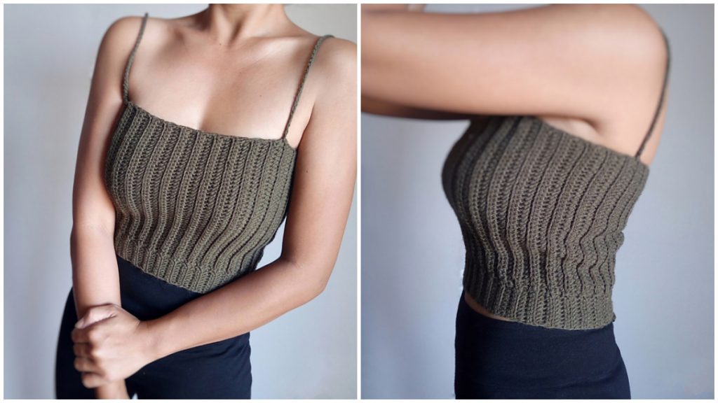 This top features a texture of ribbing throughout the entire panel. It is reversible and can be worn with or without shoulder straps. The entire garment is created using a repetition of row which highlights it’s basic look. Lace ties are attached to back of the panel and shoulder straps are added for additional support which is great for ladies with top heavy cups. The overall look is simple, comfortable and minimalistic.