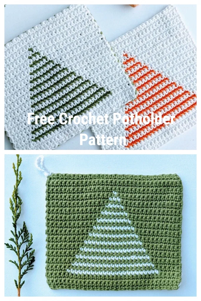 This potholder is perfect for the holiday season. The Christmas tree design adds a festive touch to your kitchen and makes for a great gift for friends and family. This pattern uses a worsted weight cotton yarn and a size H crochet hook.